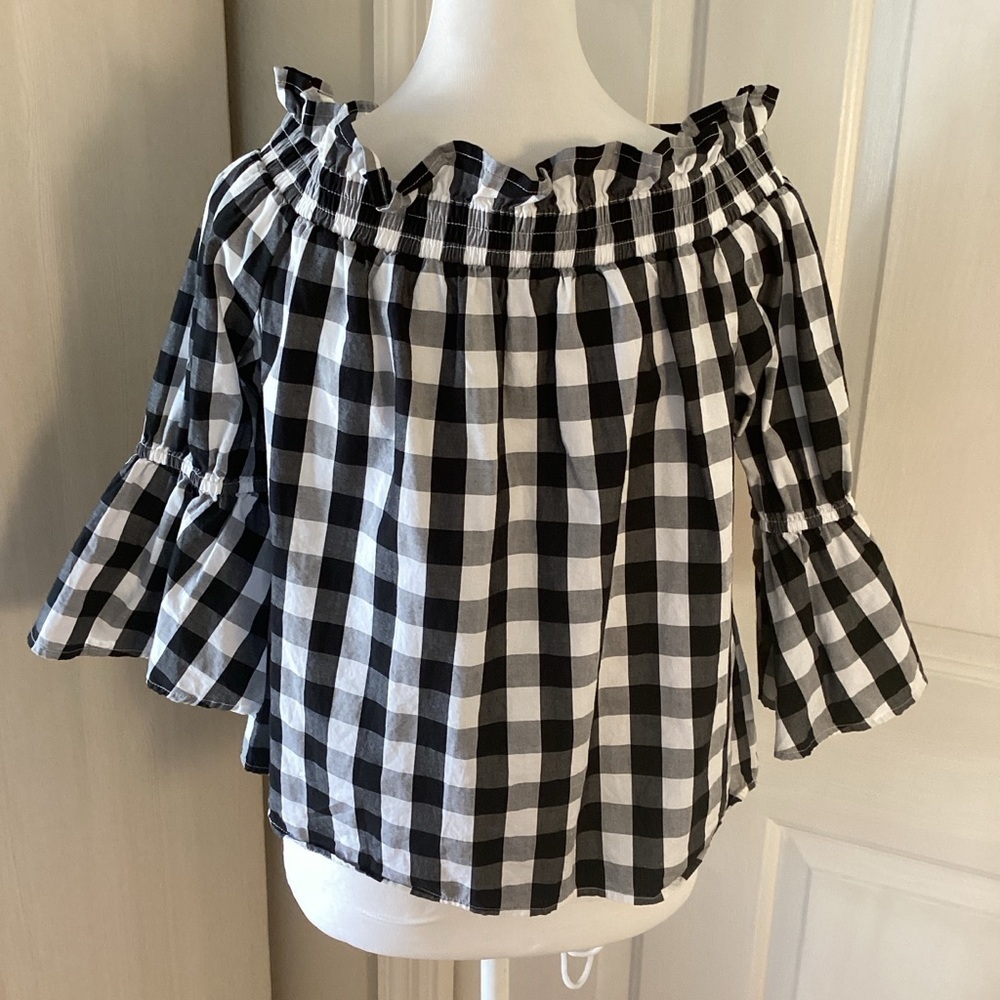Ci Sono Black and White Gingham Off-Shoulder Blouse Sz S